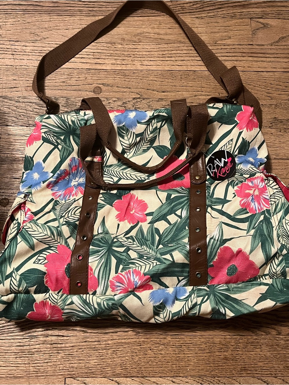 Floral Canvas Tote Bag with Brown Straps - Pink & Blue